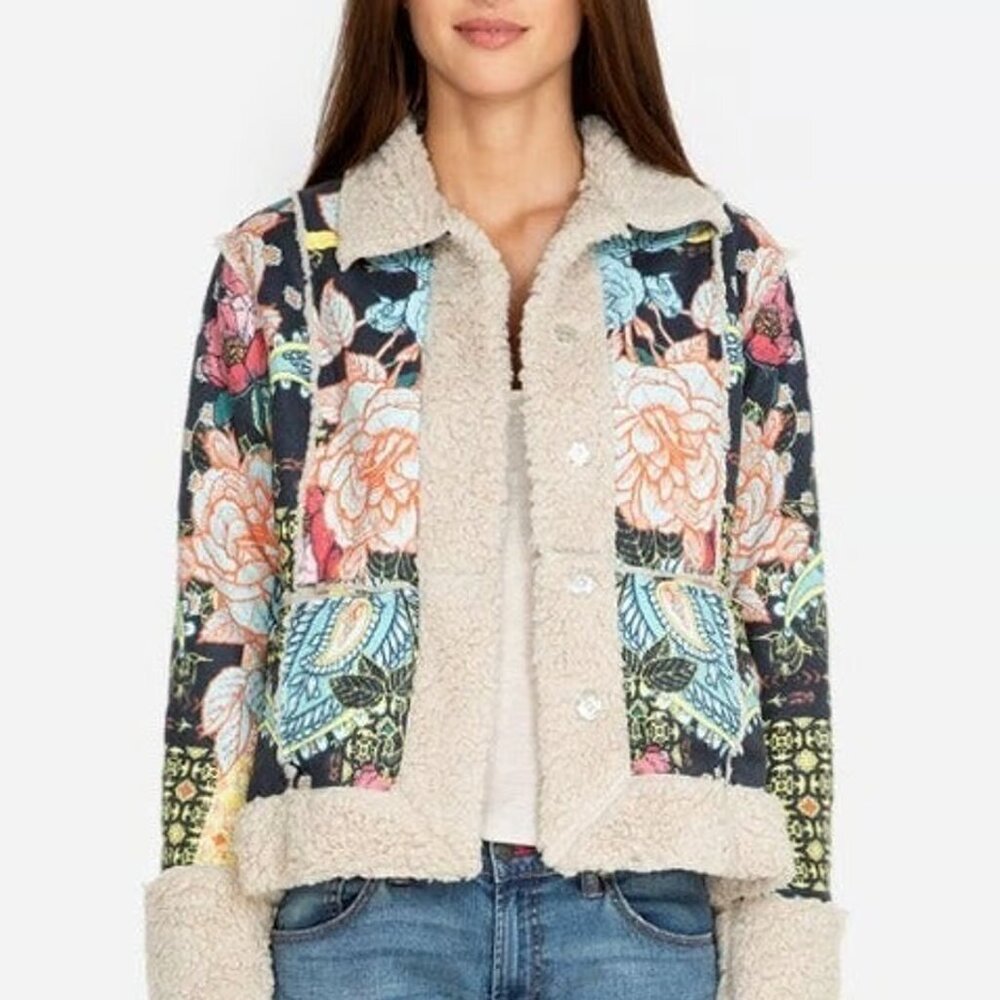 Johnny Was Deruy Printed Sherpa Coat Multi Patchwork Boho SZ:XL. Pre-owned